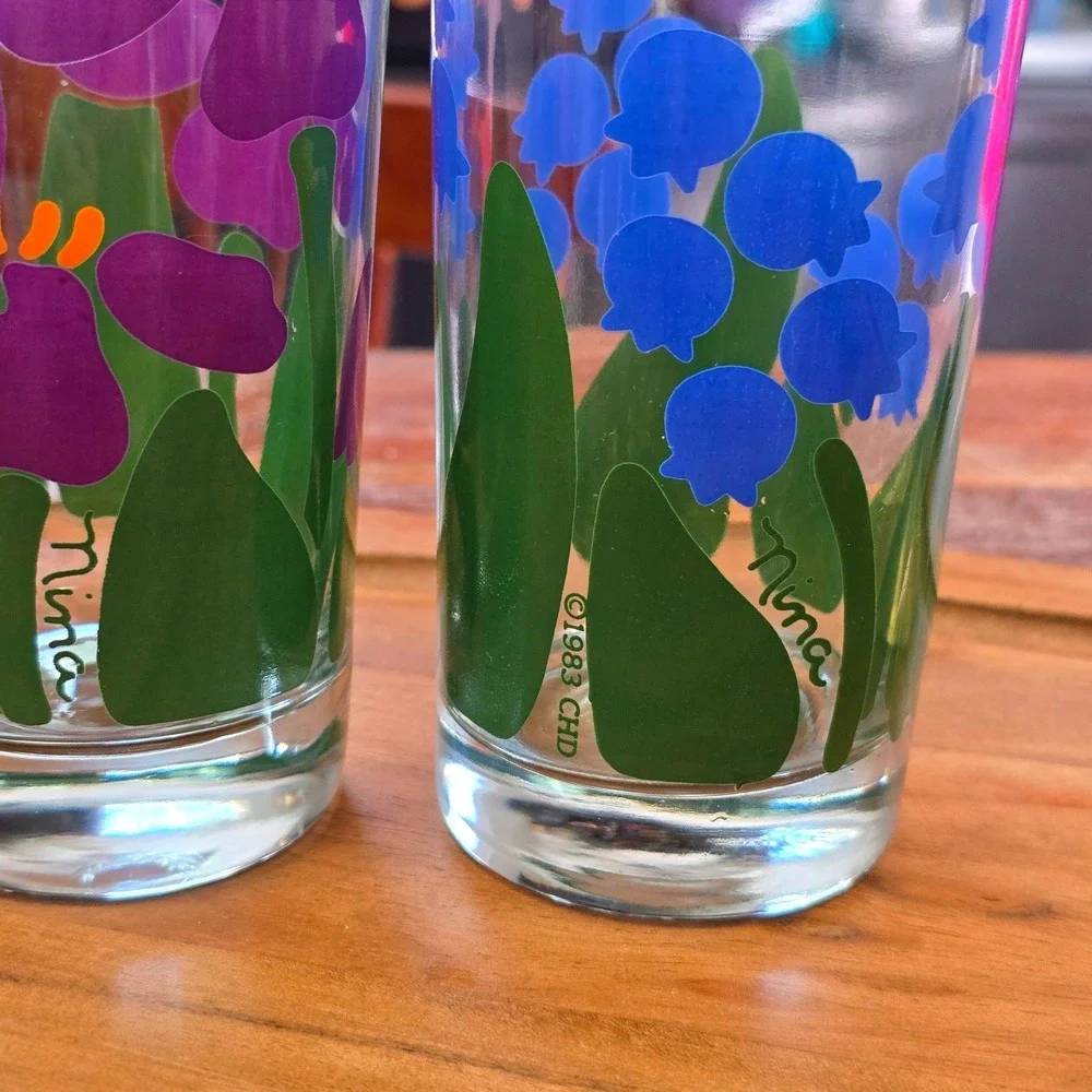 Vintage 1983 Nina Greenhouse Collection Floral Glasses Set of 2 Iris Bluebells